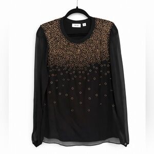Per Se Black Silk Blouse with Gold Embellished Neckline Size 6